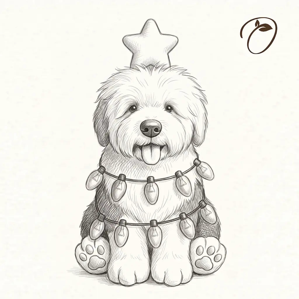 Pencil-style design sketch of a seated Old English Sheepdog with a star, two loops of bulb garland and visible paw pads.