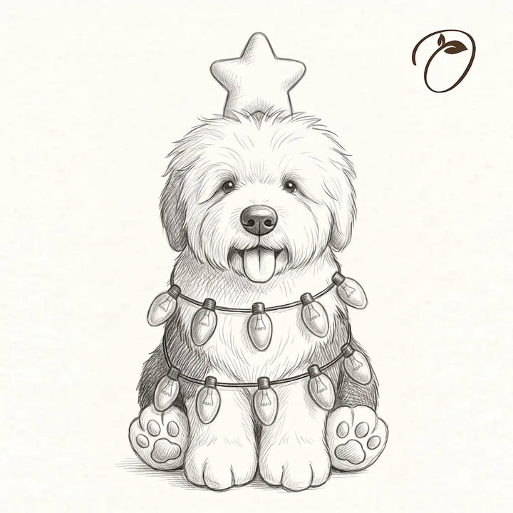 Pencil-style design sketch of a seated Old English Sheepdog with a star, two loops of bulb garland and visible paw pads.