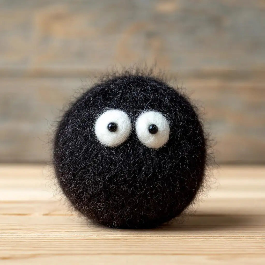 Close-up of a handcrafted 7cm round black fuzzy felted soot spirit with large white inquisitive eyes on a natural wooden background.