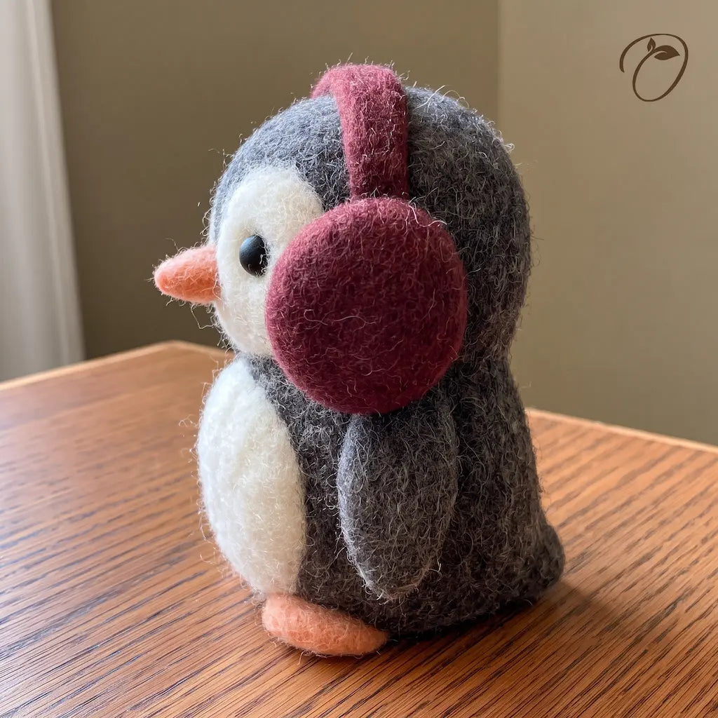 Burgundy Earmuff Penguin Felt Figurine