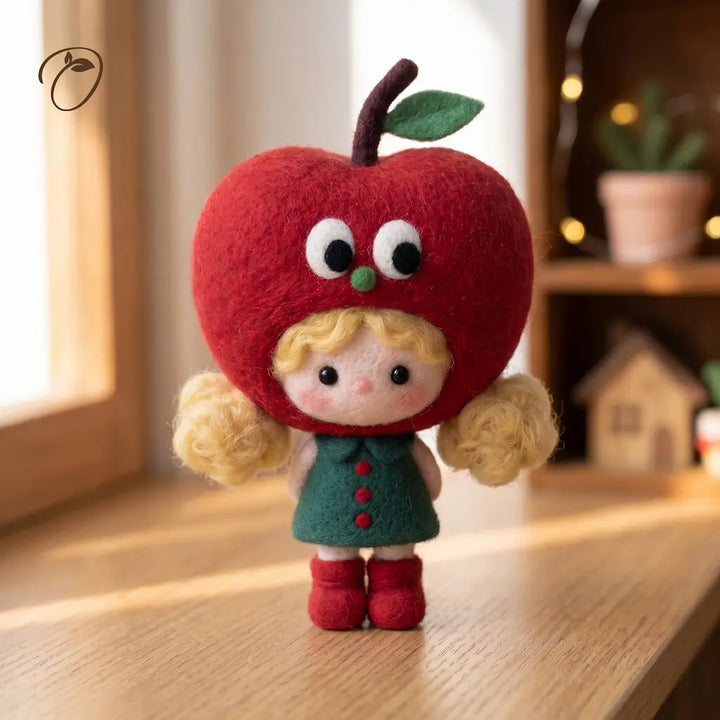 Front view of a wool felt apple girl with a red apple hood, blonde curly pigtails, green dress and red boots.