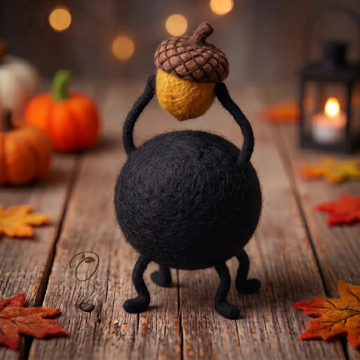 Back view of a black felt sprite showing its rounded body, small feet, and raised arms holding a golden acorn overhead.