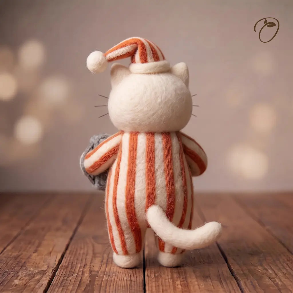 Back view of accordion cat felt figurine showing orange striped pajamas, sleep cap and curved wool tail