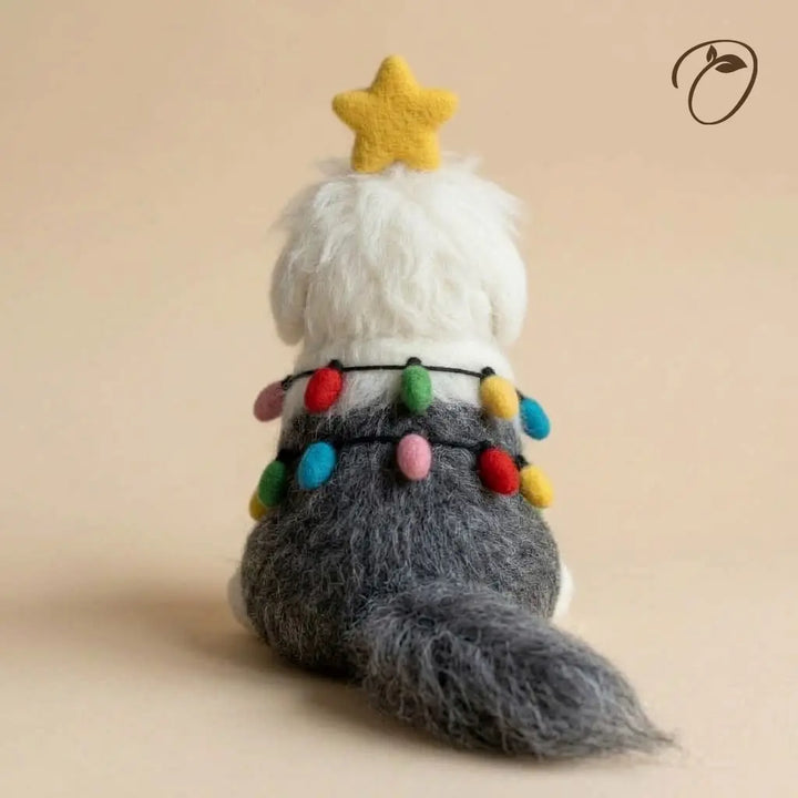 Back view of an Old English Sheepdog felt figurine with a textured gray coat, long tail and colorful felt bulbs.