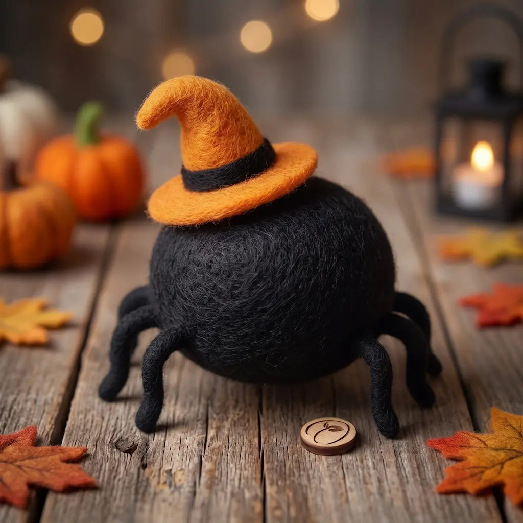 Back view of Midnight Spider felt figurine showing its rounded black body and curved orange witch hat