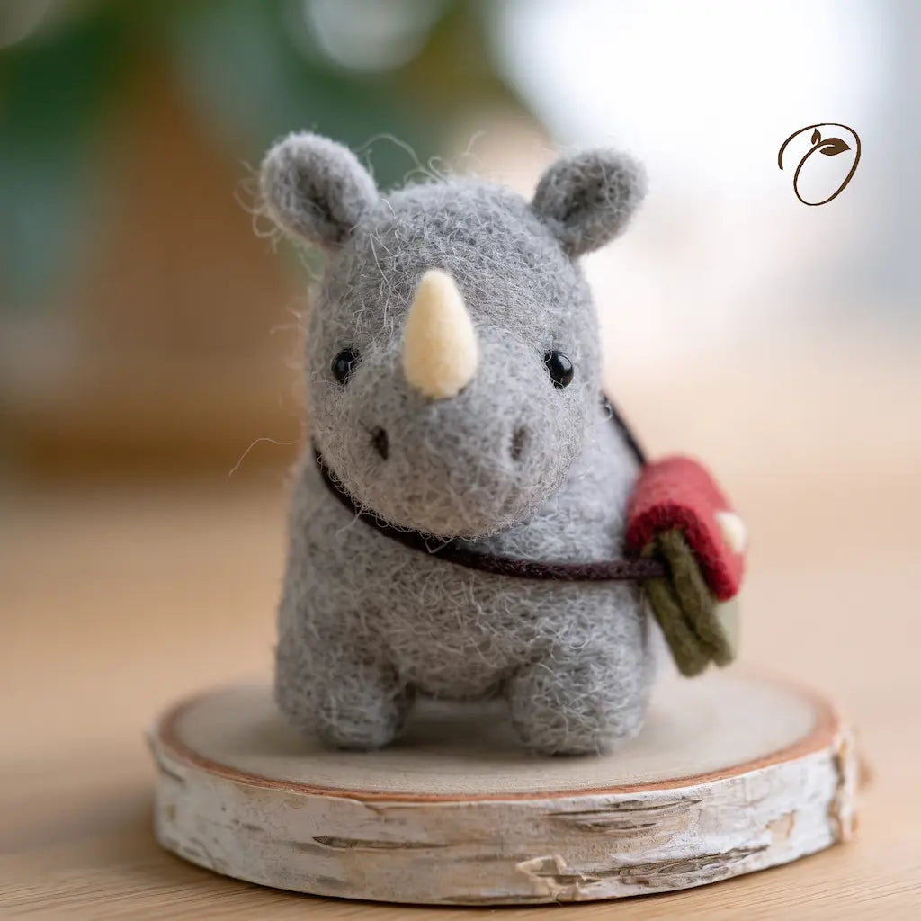 Front view of a gray wool felt rhino with a cream horn and red-and-green satchel, displayed on a round wood slice.