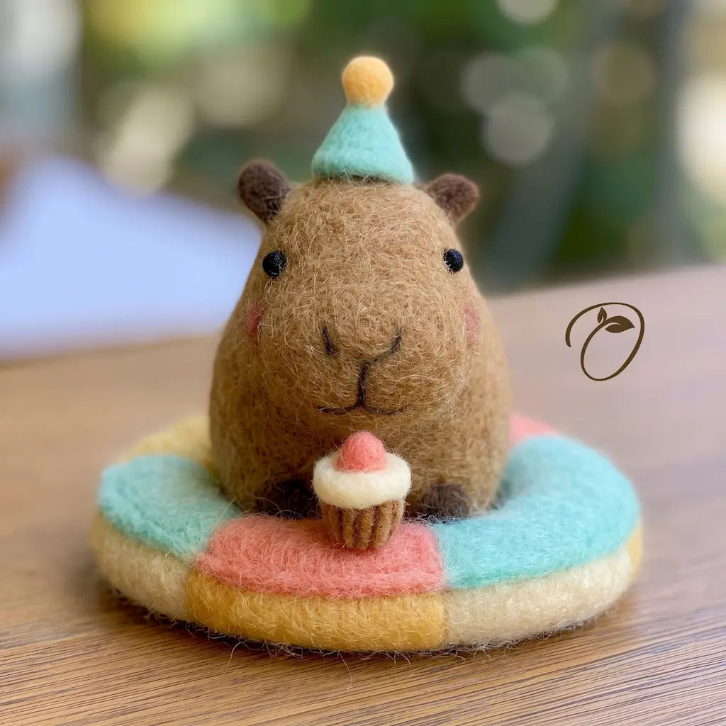 A cute felted wool capybara toy wearing a teal party hat with a yellow pom-pom and sitting on a pastel striped donut, holding a small felted cupcake. The toy is placed on a wooden table with a soft, blurred green and white bokeh background.