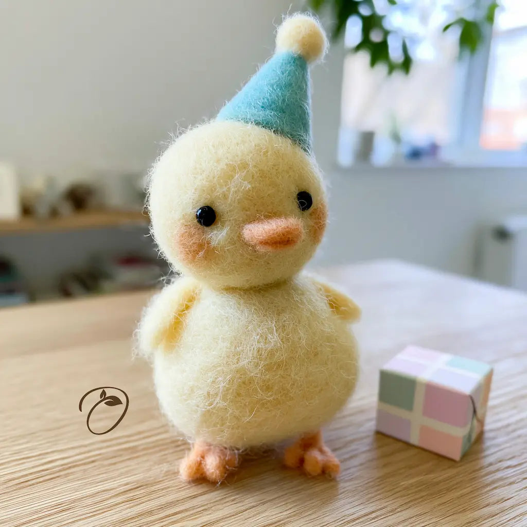 A cute needle-felted plush chick toy wearing a light blue party hat, standing on a light wooden table next to a small pastel checkered gift box.