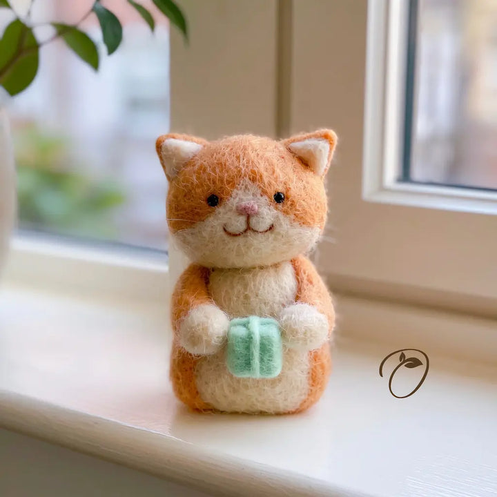 A small felted cat figurine sits on a windowsill. The cat is orange and cream with a mint green gift box held in its paws.