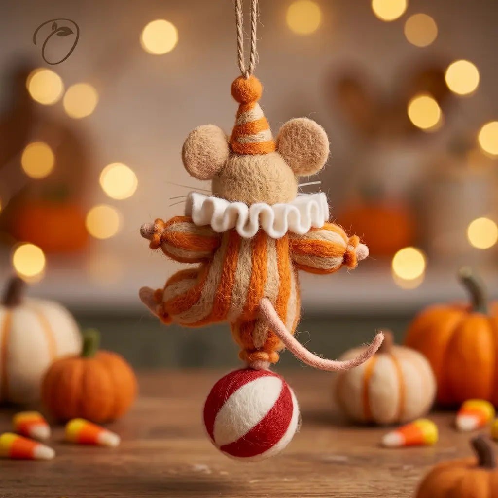 Back view of Carnival Mouse wool felt ornament showing its striped costume, white ruff and pink tail
