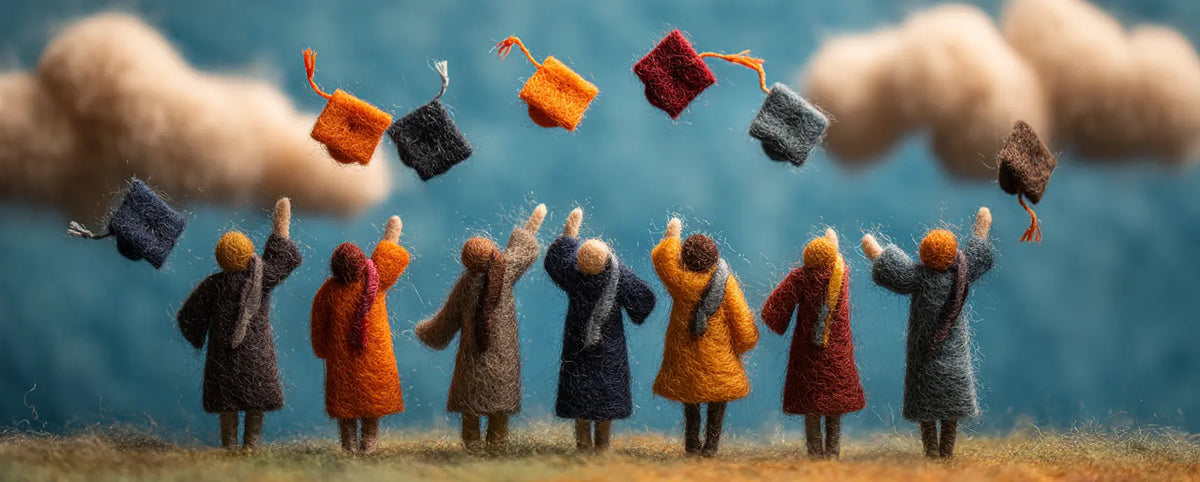Small figures in colorful coats holding up various colored bags against a cloudy sky.