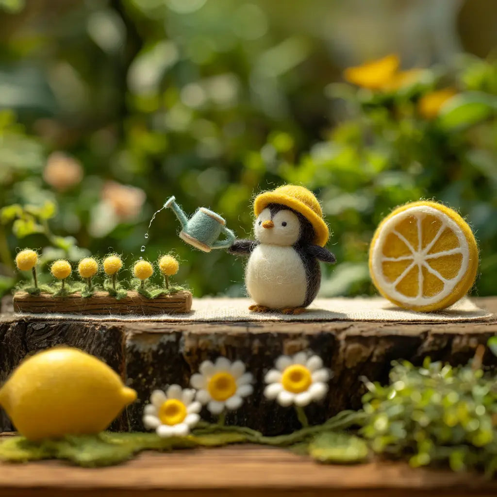 A miniature felt penguin wearing a yellow hat waters small yellow flowers on a wooden surface, with a lemon slice and daisies in a softly blurred garden setting.