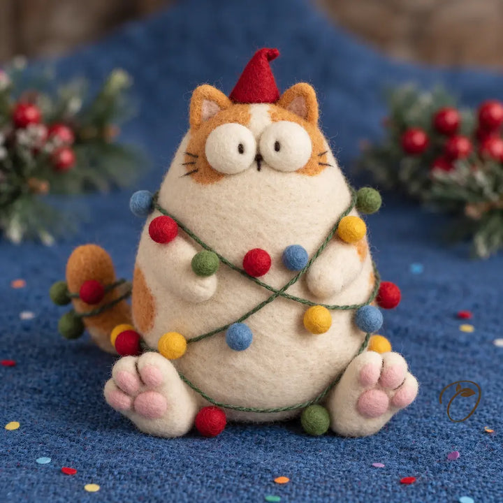 Front view of a wide-eyed ginger-and-cream felt cat with a red pointed hat, colorful baubles around its belly and pink paw pads.