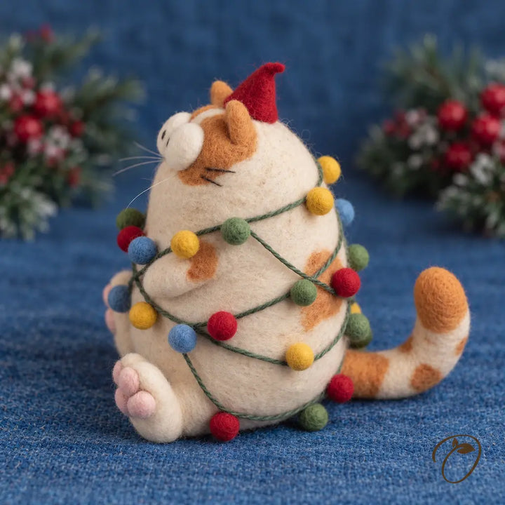 Side view of a round ginger-and-cream felt cat with a red pointed hat and a striped tail wrapped in colorful baubles.