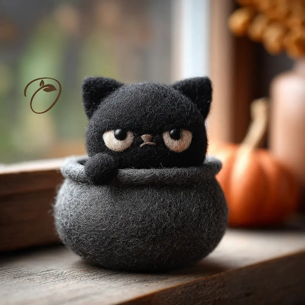 Grumpy Cauldron Cat felt figurine peeking from a charcoal-gray wool cauldron