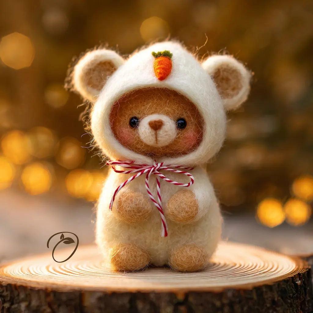 A small teddy bear figurine wearing a white hooded outfit with a carrot on the forehead and a red-and-white striped bow at the neck, standing on a round wood slice with a warm blurred bokeh background.