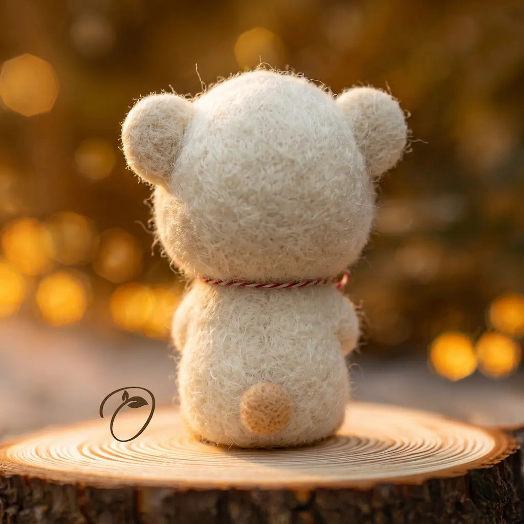 A small felt teddy bear viewed from the back, sitting on a round tree stump with a warm golden bokeh background.