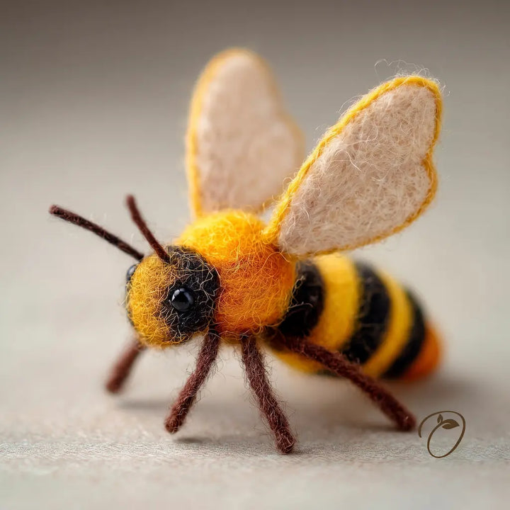 A close-up of a handcrafted felt bee figurine with yellow and black striped body, beige wings, and dark brown legs and antennae, photographed on a soft neutral background.