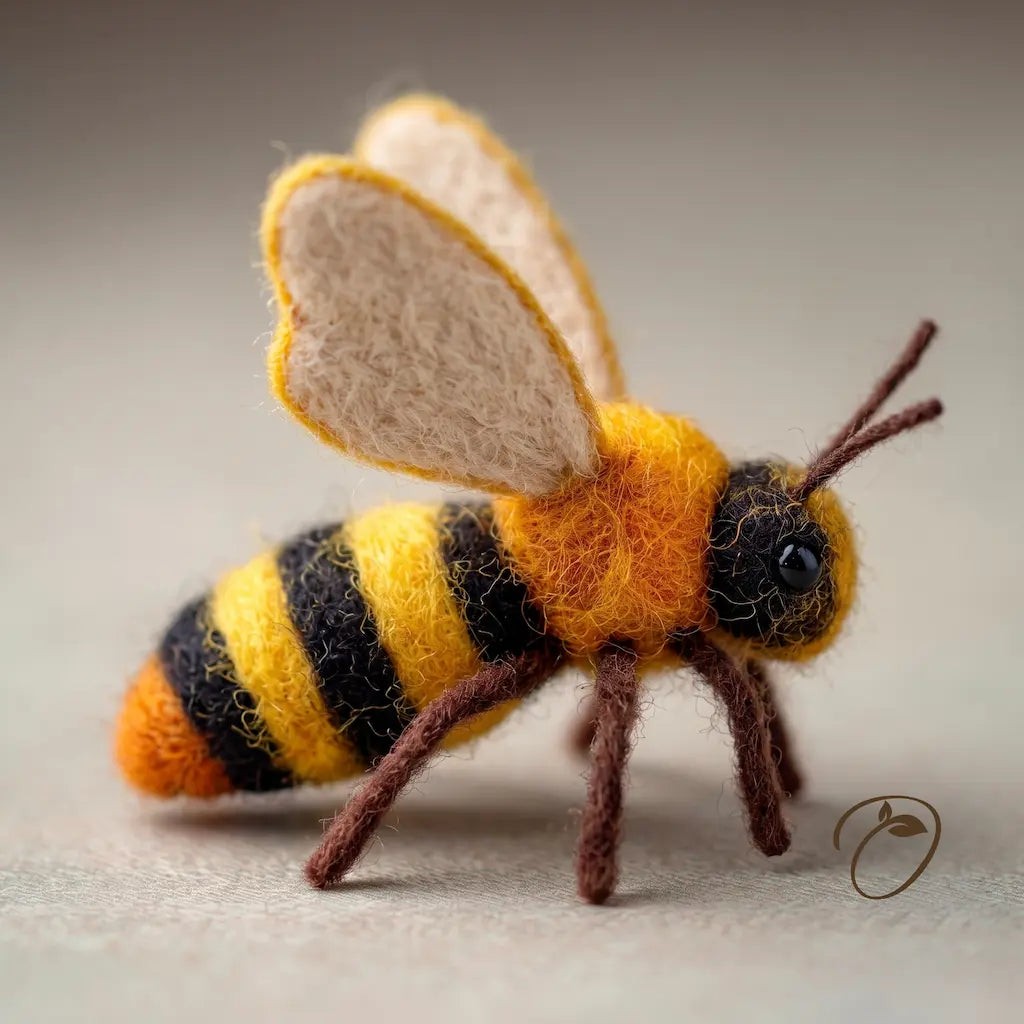 A handcrafted felted wool bee figurine with yellow and black striped body, beige wings, and brown legs, photographed on a neutral gray background.