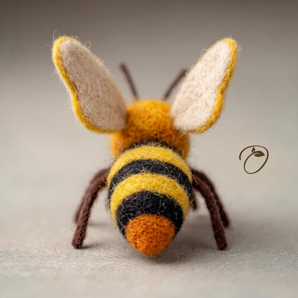 A handcrafted felt bee figurine with yellow and black striped body, cream-colored wings, and brown legs, photographed on a neutral gray background.