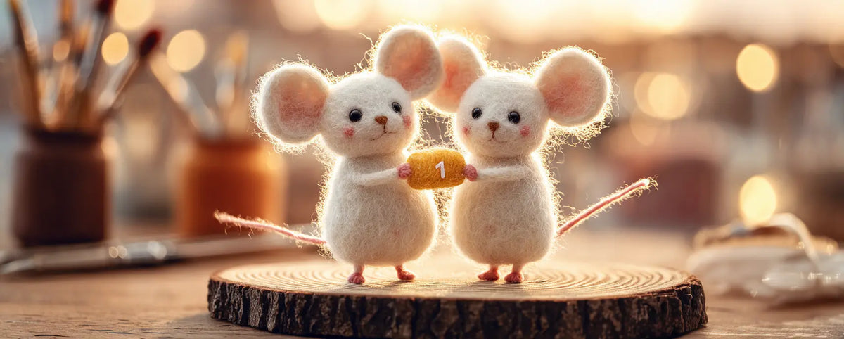Two small white felted wool mice standing on a round wood slice, holding a small gold-colored number 1 card. The background is a warm, softly blurred studio setting with bokeh lights and craft supplies.