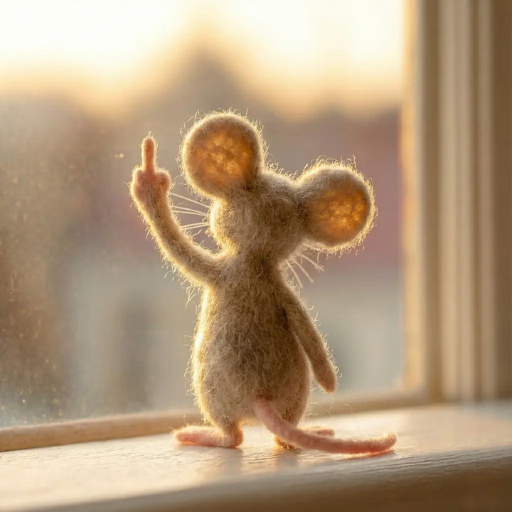 Felted mouse toy waving in front of a window with a warm glow