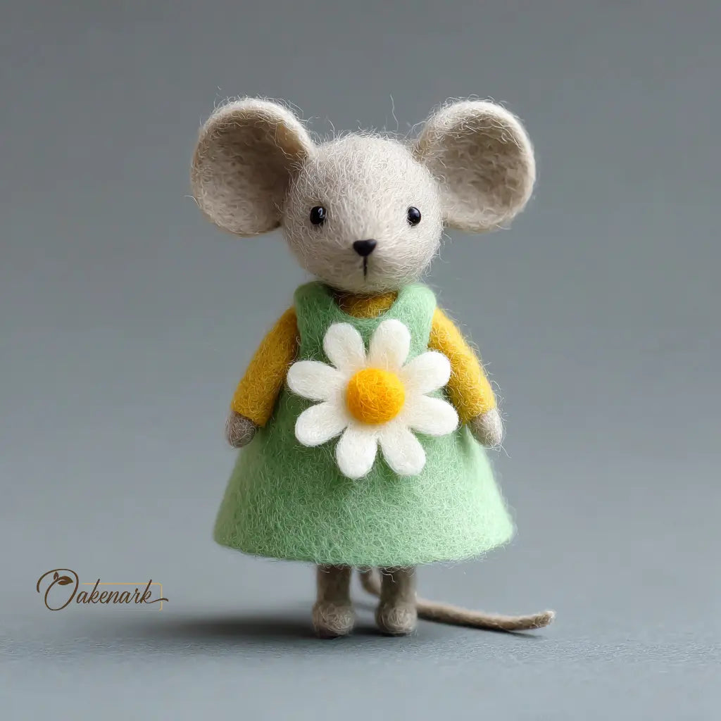 Stuffed mouse toy with a green dress and flower, on a gray background