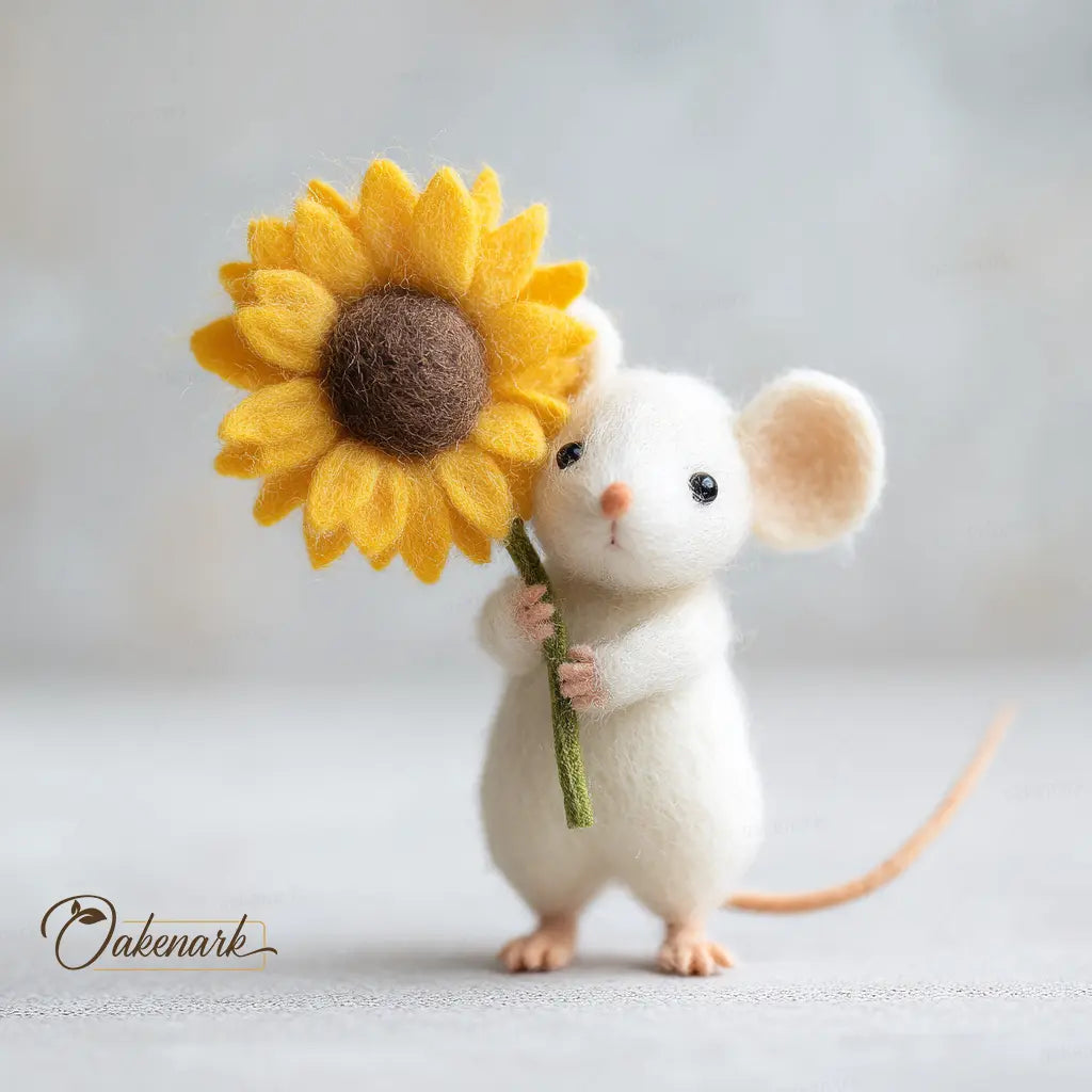 White mouse holding a yellow sunflower against a light gray background