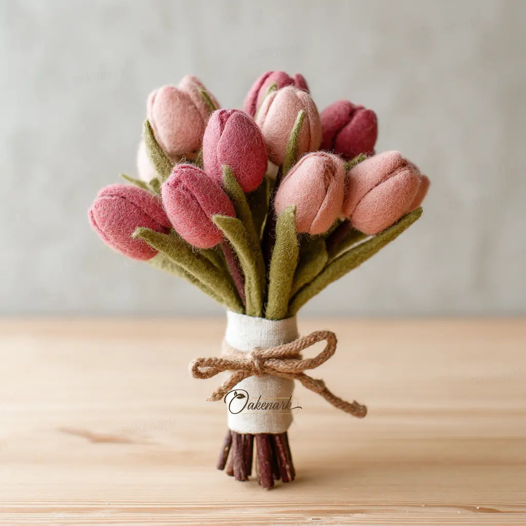 Bouquet of pink tulips tied with twine on a wooden surface