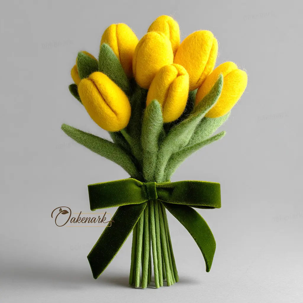 Bouquet of yellow felt tulips with a green ribbon on a gray background, branded &