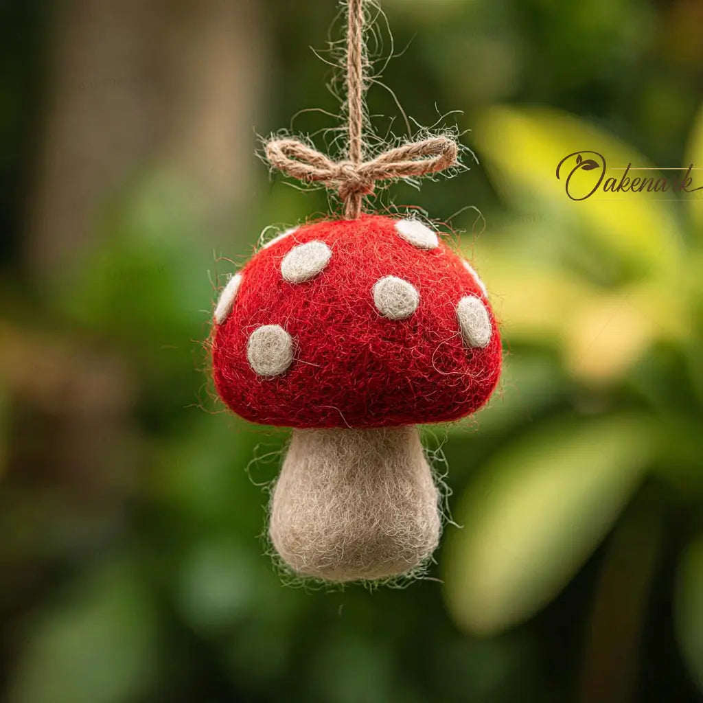 Felted mushroom ornament hanging against a blurred natural background