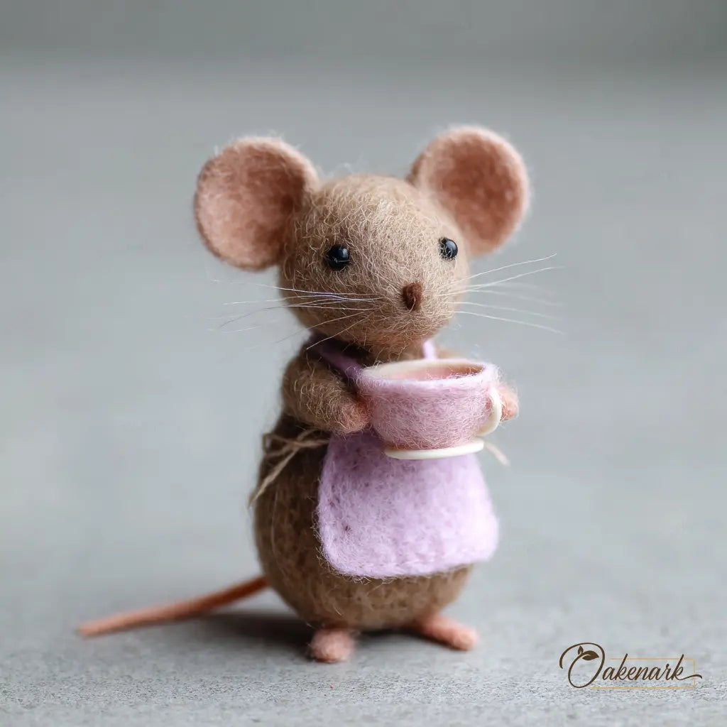 Felted mouse toy holding a small cup on a gray background