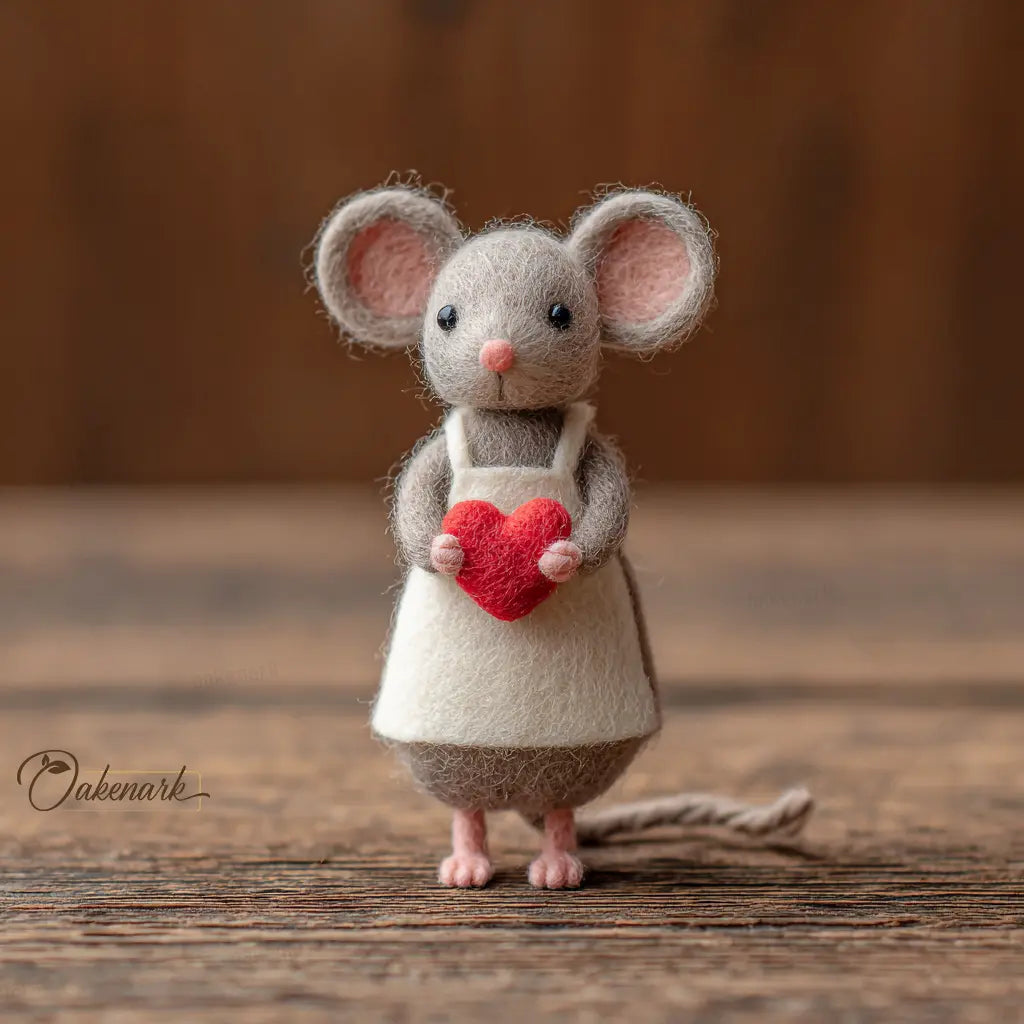 Felted mouse toy holding a red heart on a wooden surface with 'Oakenark' branding.