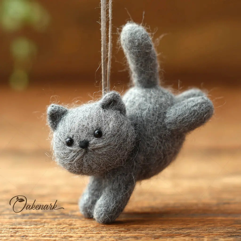 Gray cat-shaped toy hanging on a string with a blurred background