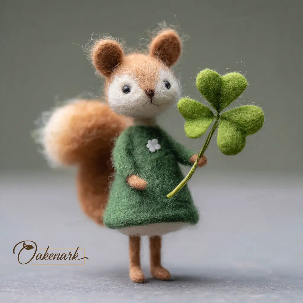 Felted squirrel toy wearing a green dress holding a four-leaf clover against a neutral background.