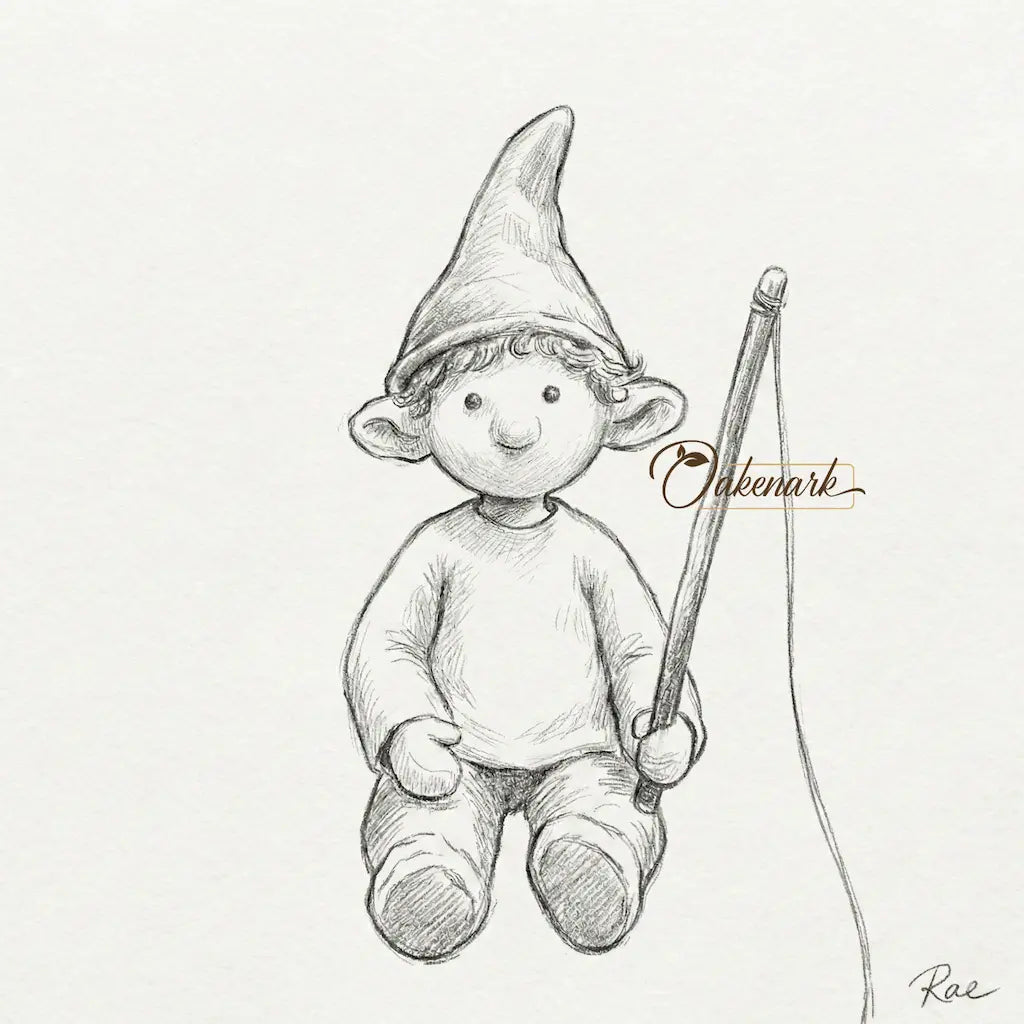 Illustration of a gnome holding a fishing rod with &
