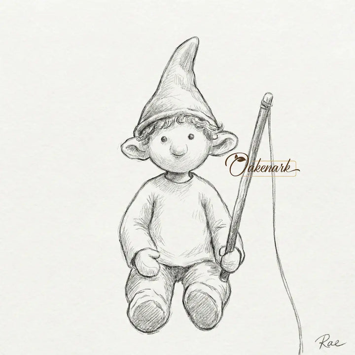 Illustration of a gnome holding a fishing rod with &