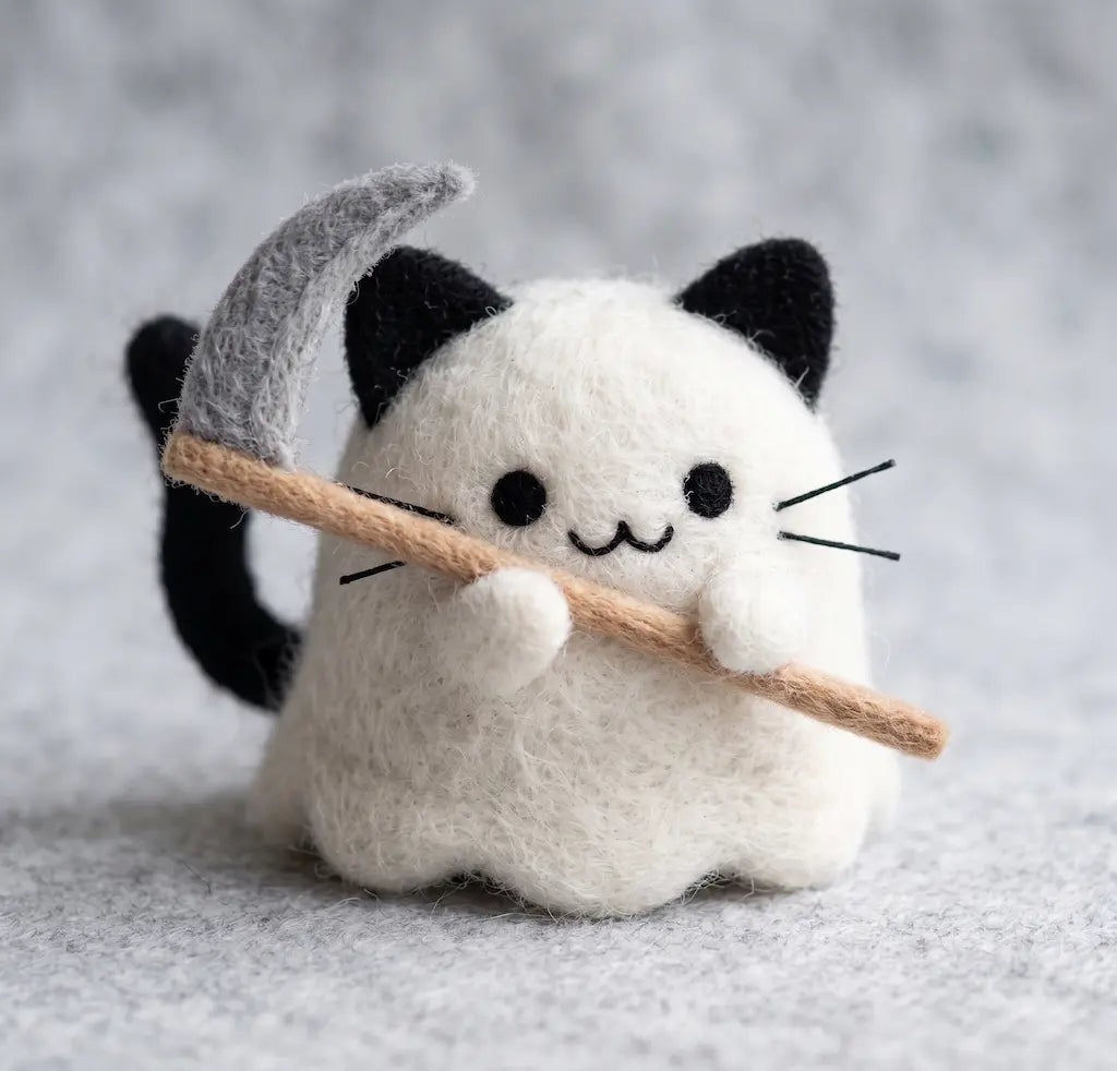 Moon Harvest Ghost Cat wool felt figurine holding a crescent-shaped harvest tool
