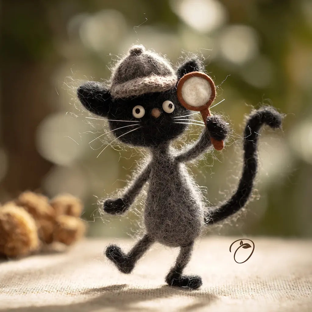 Detective cat wool felt figurine holding a magnifying glass