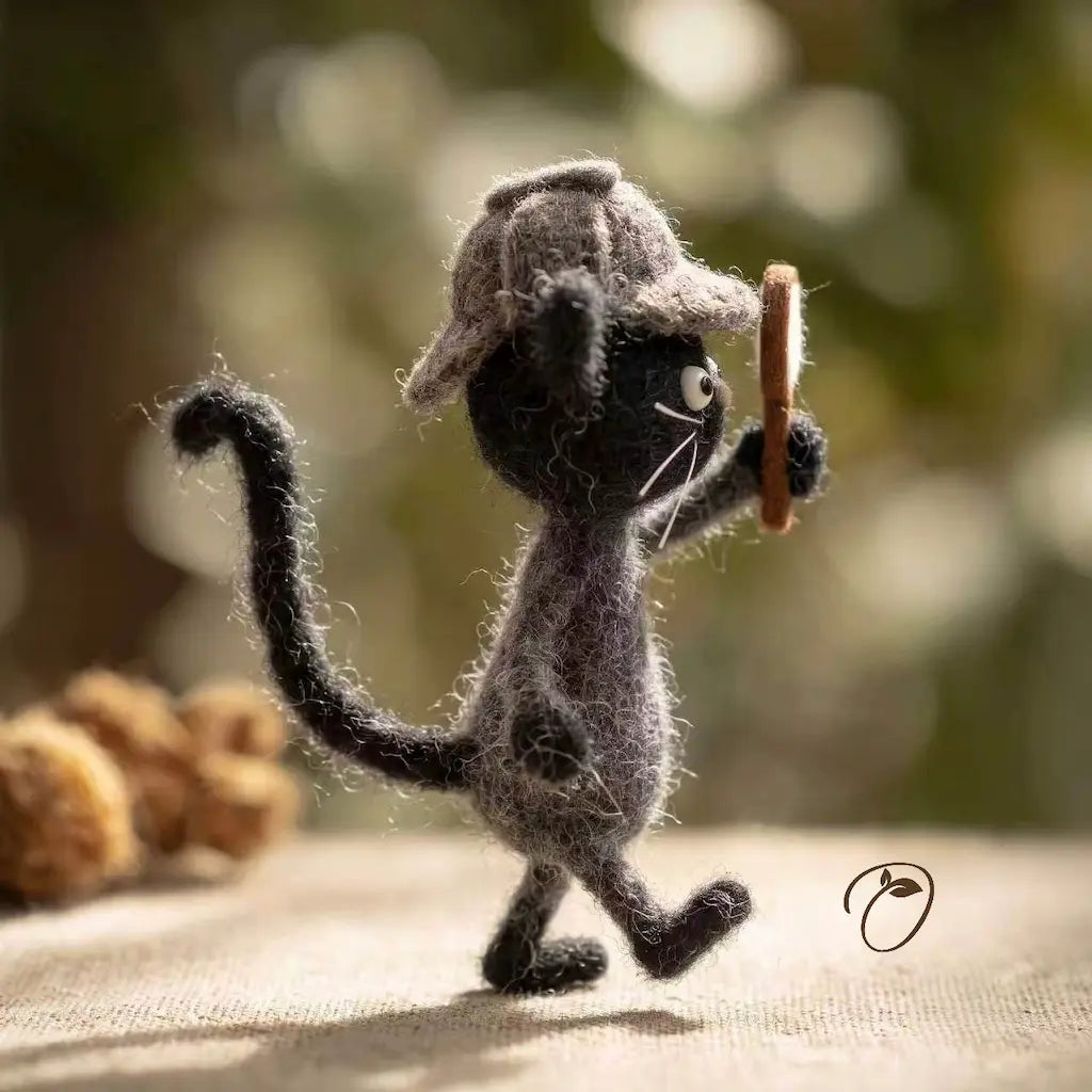 Side view of gray detective cat felt figurine wearing an investigator cap