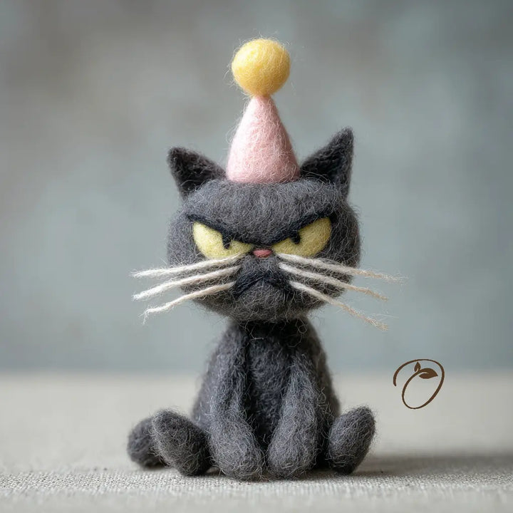 Needle-felted dark gray birthday cat figurine wearing a pink party hat, front view