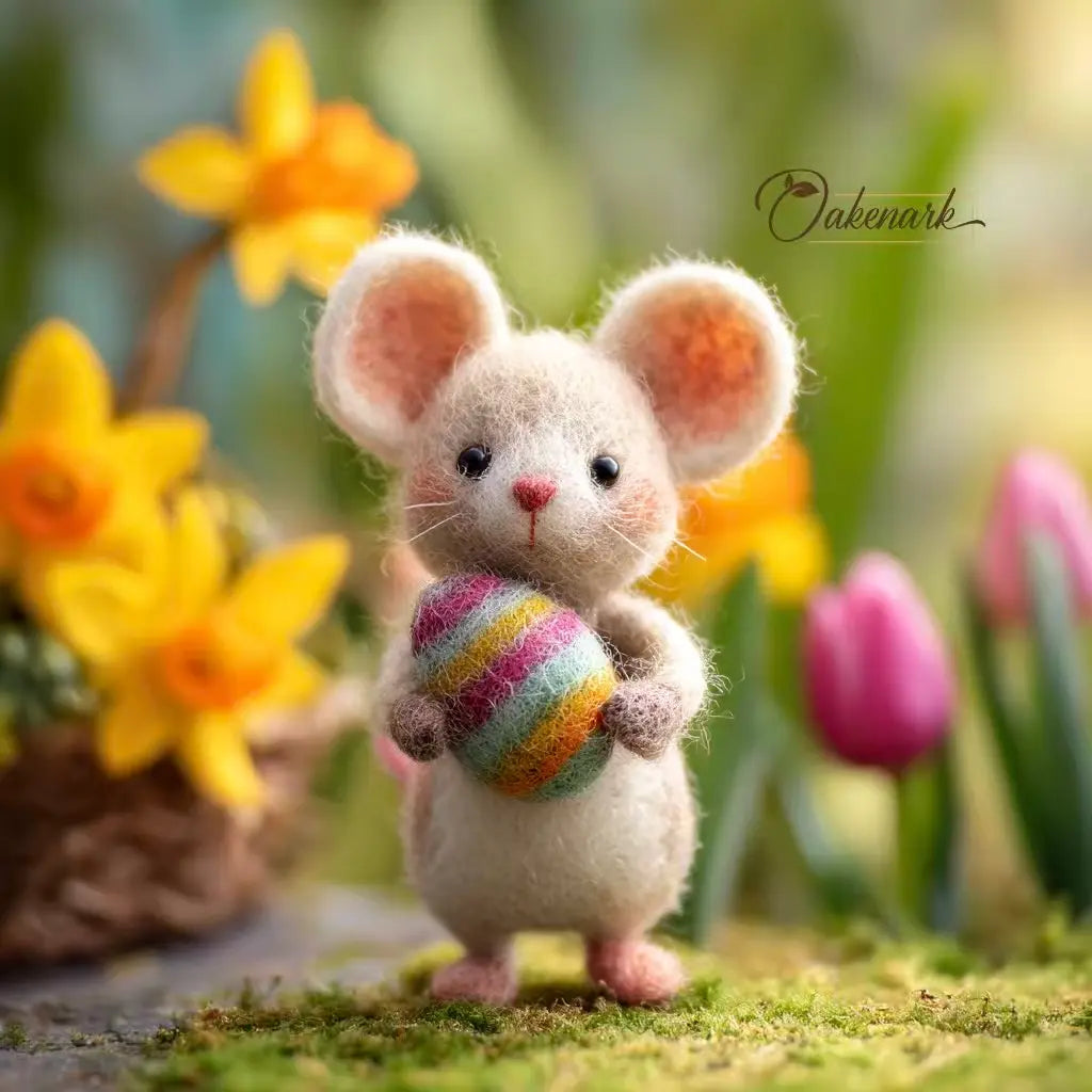 Felt mouse holding a striped egg with flowers in the background