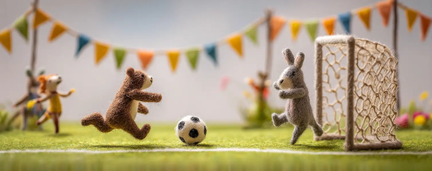Handmade needle felted animals playing soccer, wool felt forest nursery decor by OakenArk.
