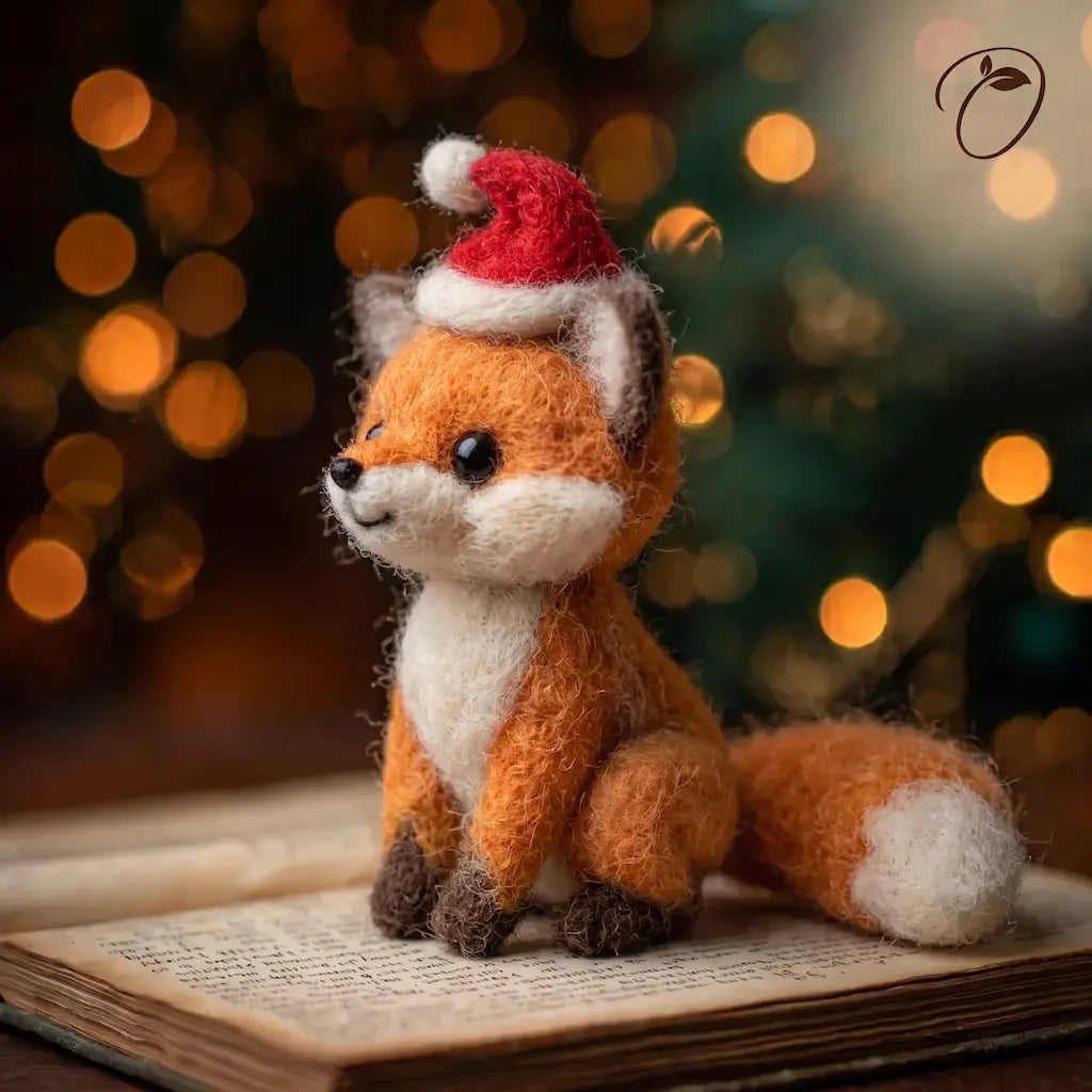 Three-quarter view of an orange felt fox in a red Santa hat, showing its cream chest, dark paws, and white-tipped tail.
