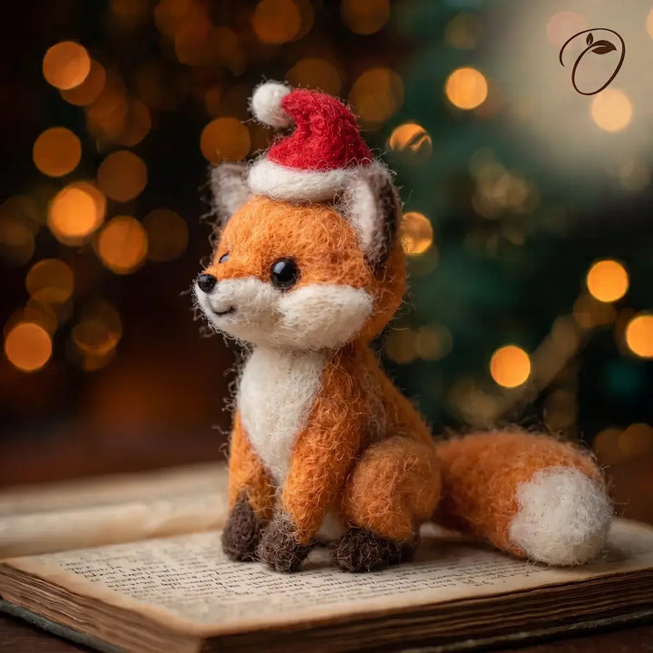 Three-quarter view of an orange felt fox in a red Santa hat, showing its cream chest, dark paws, and white-tipped tail.