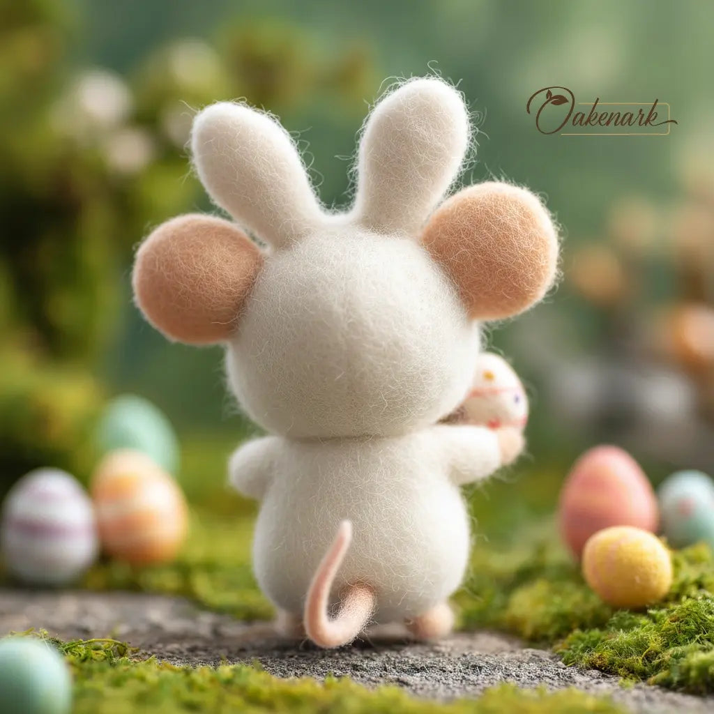 Stuffed mouse toy with Easter eggs in a natural setting