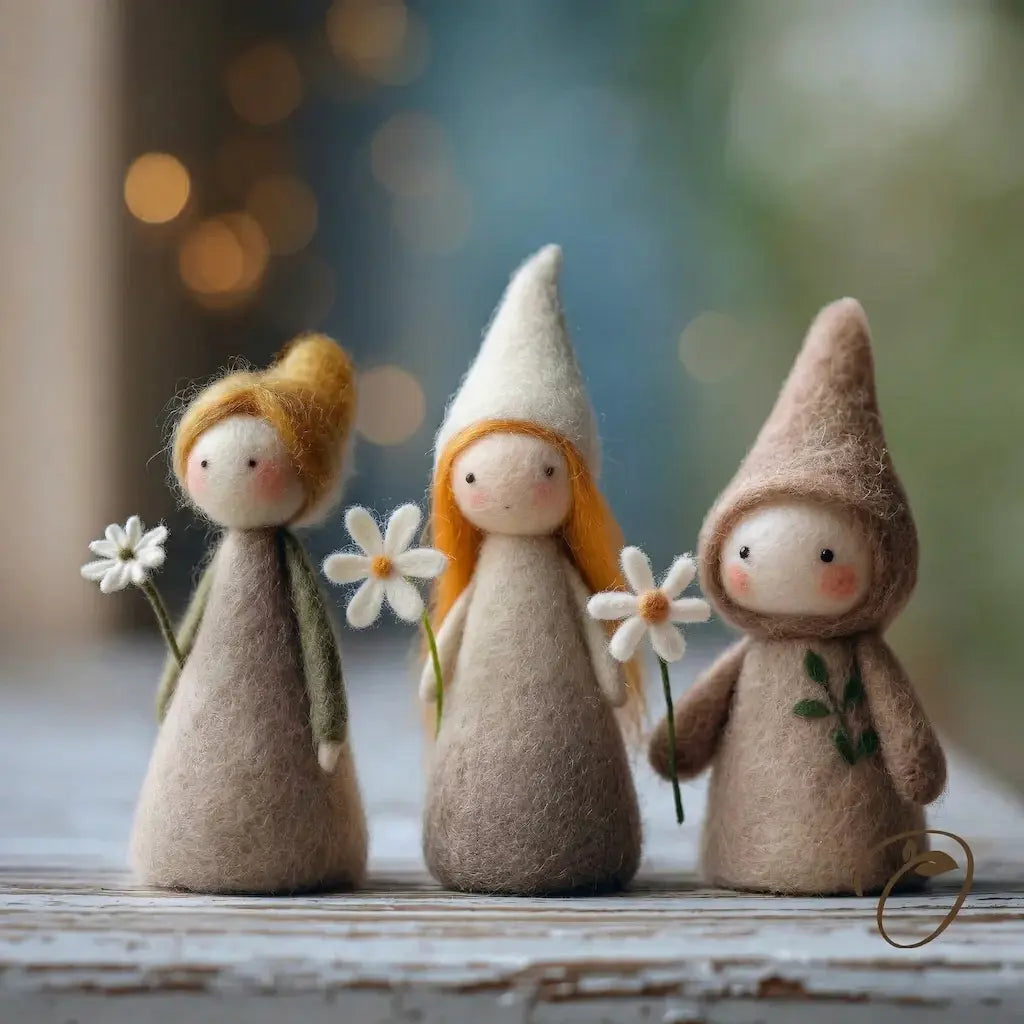 Three felted dolls with pointed hats holding flowers on a wooden surface with a blurred background