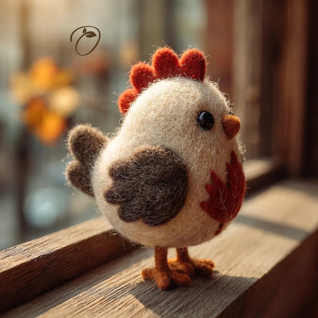 Side view of Maple Harvest Chicken felt figurine with brown wings and layered tail