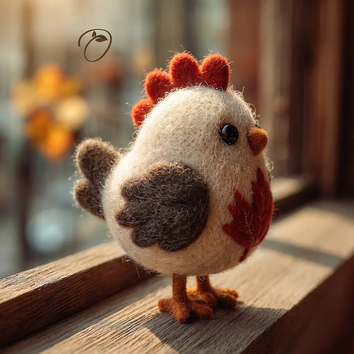 Side view of Maple Harvest Chicken felt figurine with brown wings and layered tail