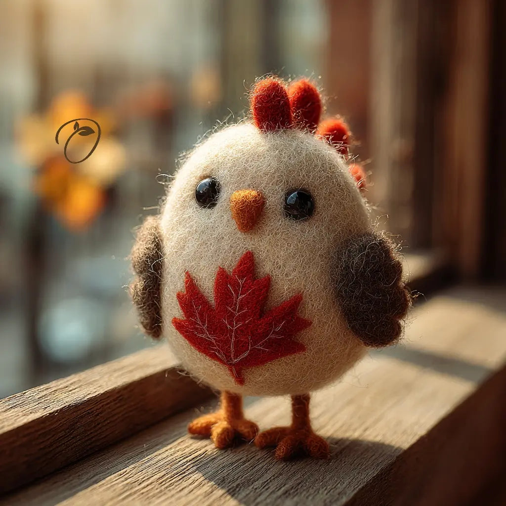 Maple Harvest Chicken wool felt figurine with red maple leaf